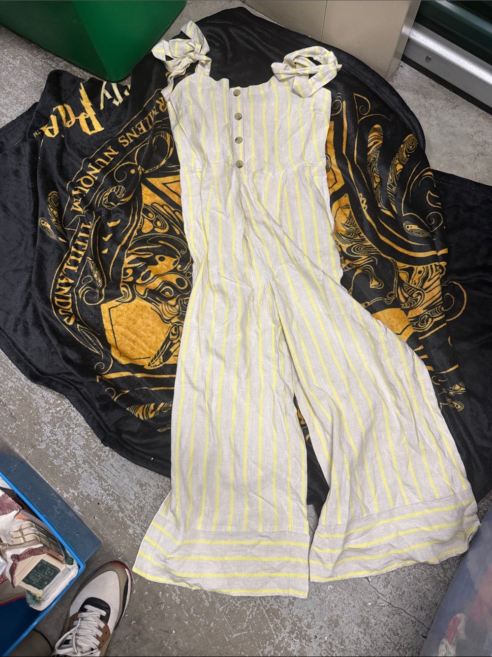 LOFT Yellow and Cream Striped Linen-Blend Jumpsuit